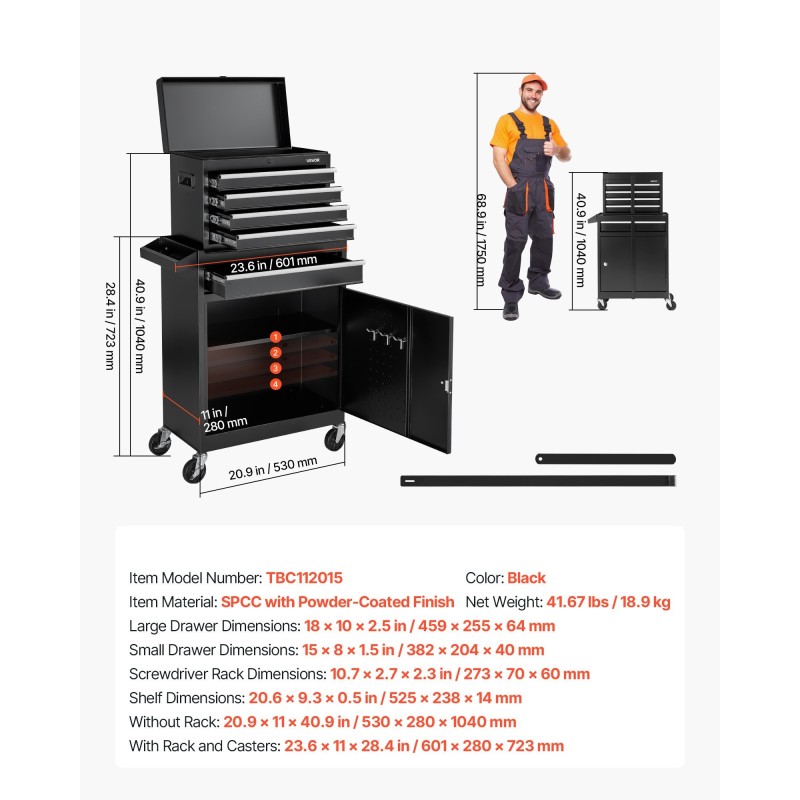 Rullattava teräksinen työkalukaappi irrotettavalla yläosalla viisi laatikkoa pyörillä