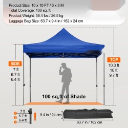 Paviljonkiteltta 3 x 3 m PVC-pinnoitettu katos irrotettavat sivuseinät pyörällinen laukku sininen