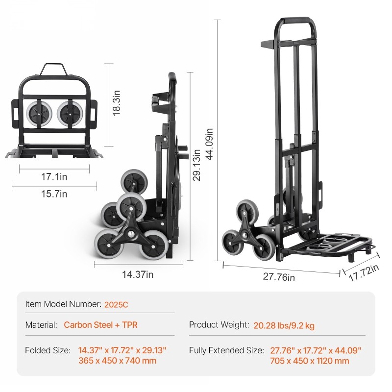Portaikkokärry hiiliteräsrunko taittuva kuusi pyörää kaksoiskahvat kaksi köyttä