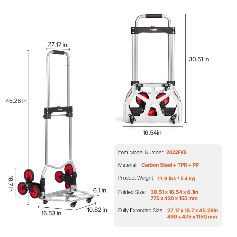 Portaikkovaunu hiiliteräsrunko 118 kg kantavuus 6 kiipeävää ja 4 kääntyvää pyörää teleskooppikahvalla