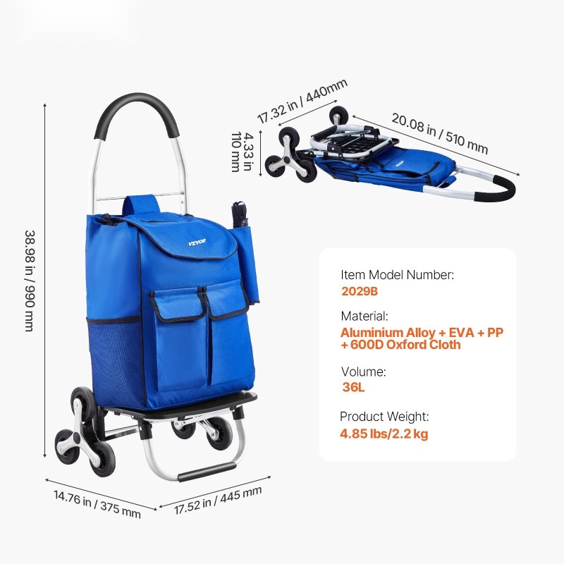 Portaikkokärry 36 l hiiliteräsrunko 6 pyörää taittuva ostos- ja pyykkikäyttöön