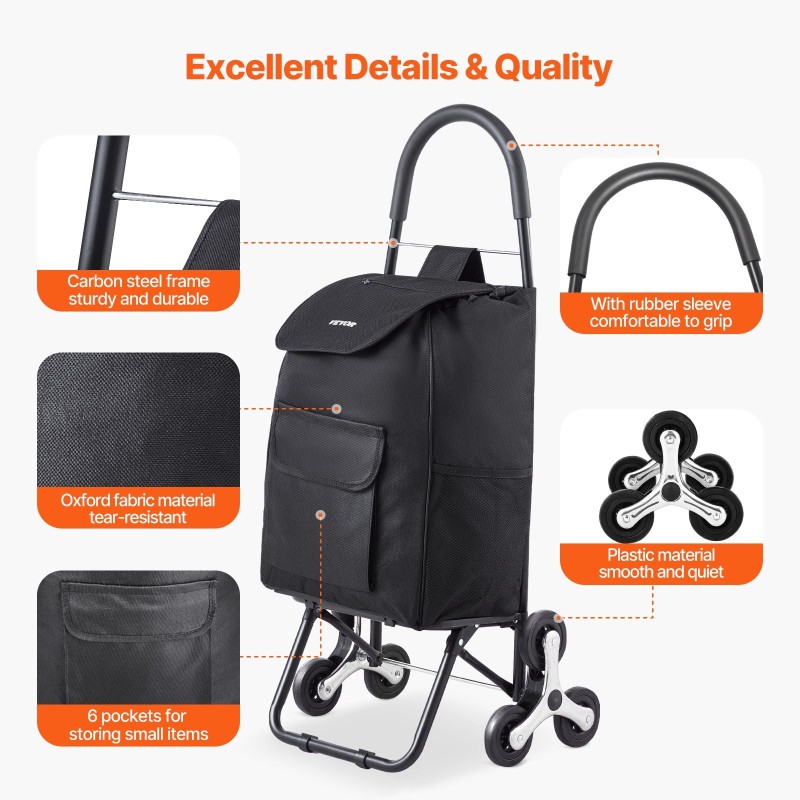 Portaikkokärry 36 l taittuva hiiliteräsrunko 6 pyörää 600D Oxford kangaspussi