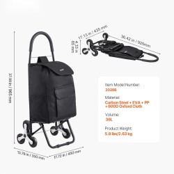 Portaikkokärry 36 l taittuva hiiliteräsrunko 6 pyörää 600D Oxford kangaspussi