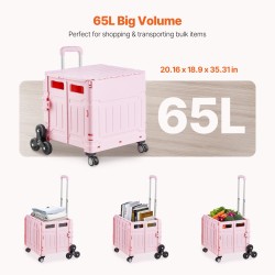 Taittuva portaikkokärry 65 litraa portaikkopyörillä ja kääntyvillä pyörillä pinkki teleskooppikahvalla