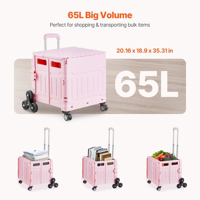 Taittuva portaikkokärry 65 litraa portaikkopyörillä ja kääntyvillä pyörillä pinkki teleskooppikahvalla