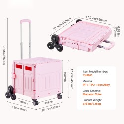 Taittuva portaikkokärry 65 litraa portaikkopyörillä ja kääntyvillä pyörillä pinkki teleskooppikahvalla