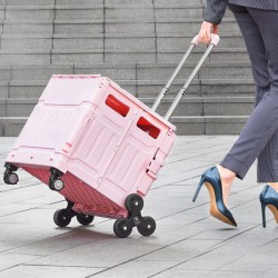 Taittuva portaikkokärry 65 litraa portaikkopyörillä ja kääntyvillä pyörillä pinkki teleskooppikahvalla