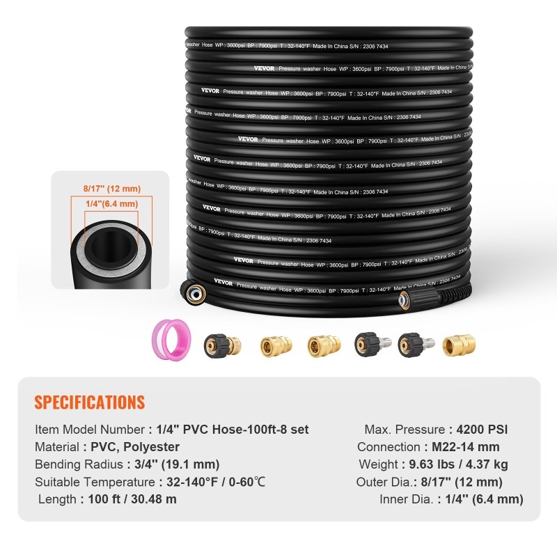 Painepesurin jatkoletku 30,5 m PVC polyesteri M22 14 mm messinkiliitin