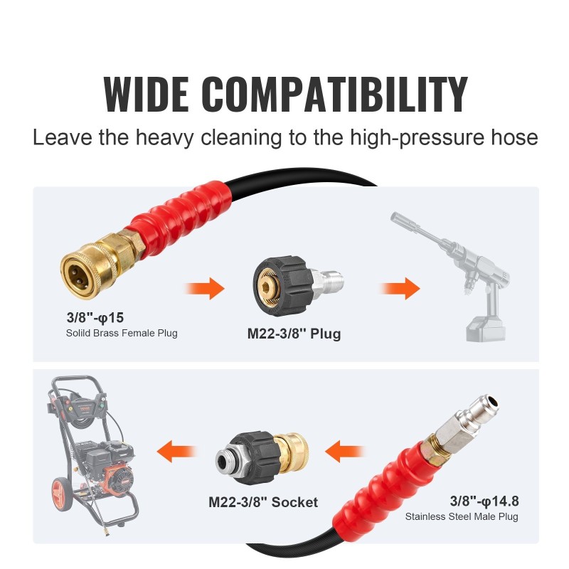 Painepesurin PVC polyesteriletku 30,5 m kiertymätön 3/8 tuuman uros 3/8 tuuman naaras