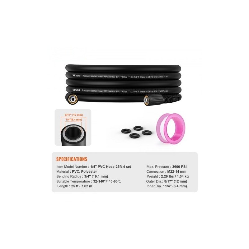 Painepesurin letku 7,6 m PVC 6,35 mm M22-14 mm messinkiliitin 3600 PSI