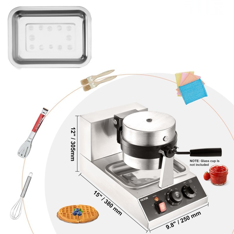 Vohvelirauta pyöreä käännettävä 1300 wattia tarttumaton pinnoite ruostumaton teräs ammattikäyttö