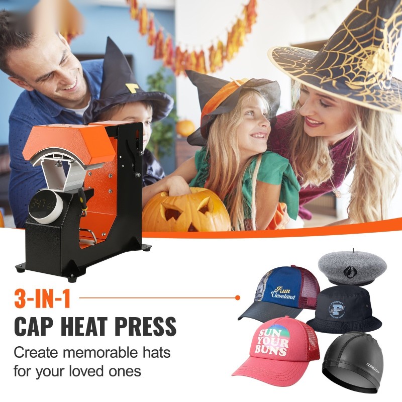 Automaattinen hattulämpöprässi 3 vaihdettavaa lämmitysalustaa Teflonpinnoite sublimaatioon ja HTV-siirtoihin