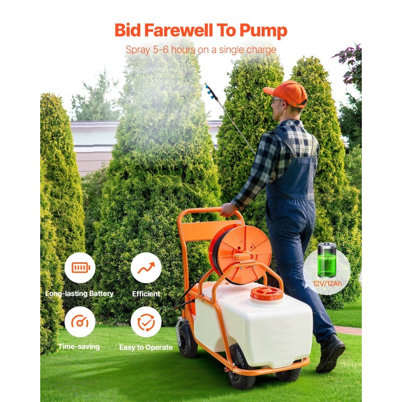 Pyörällinen 60 l polyeteeninen puutarharuisku säädettävä paine 8 suutinta 2 putkea