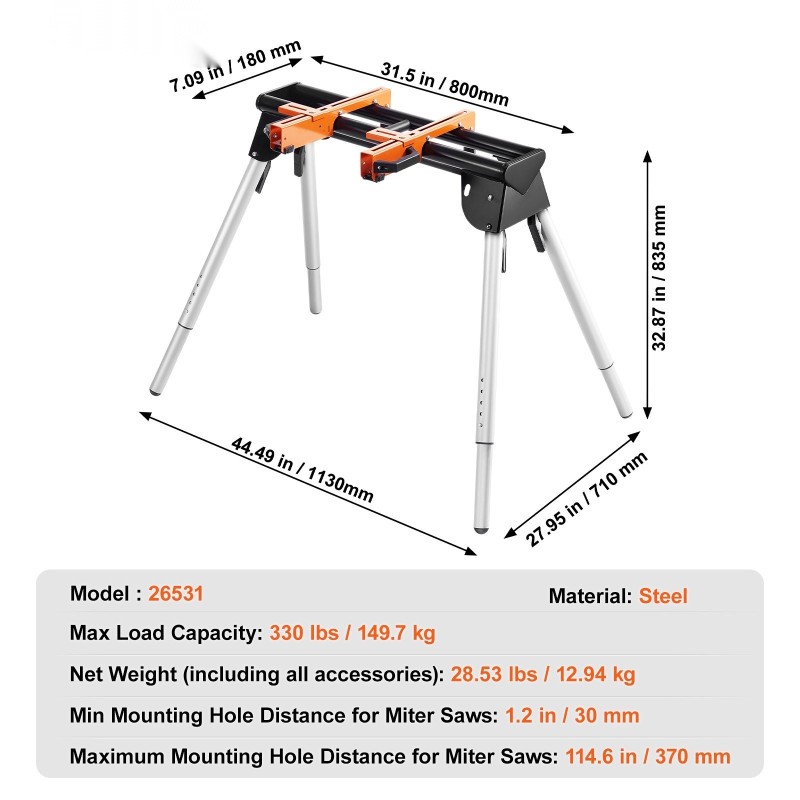 Jiirisahan teline teräs 149.7 kg kantavuus korkeussäädettävä 29.1–32.9 tuumaa kokoontaitettava