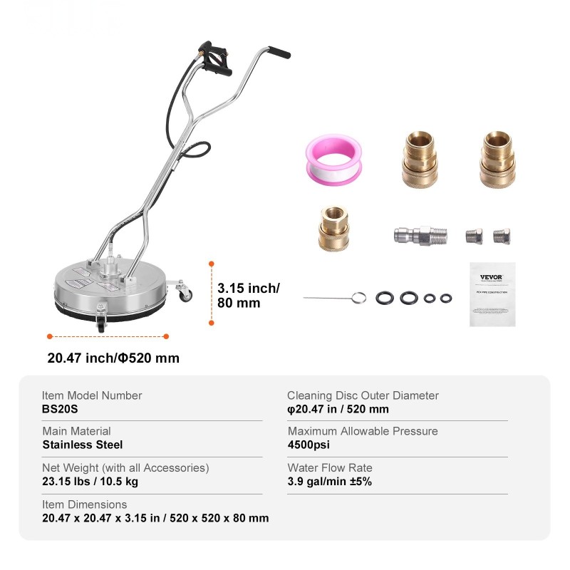 Painepesurin pintapesuri 50,8 senttimetriä ruostumaton teräs maksimipaine 4500 pyörillä ja kädensijoilla