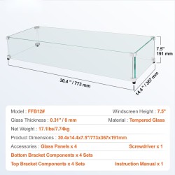 Tuulensuoja suorakaiteen tulipöydälle karkaistu lasi 8 mm 773x367x191 mm