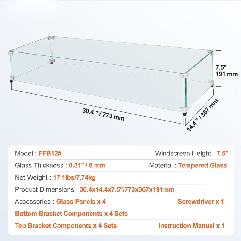 Tuulensuoja suorakaiteen tulipöydälle karkaistu lasi 8 mm 773x367x191 mm