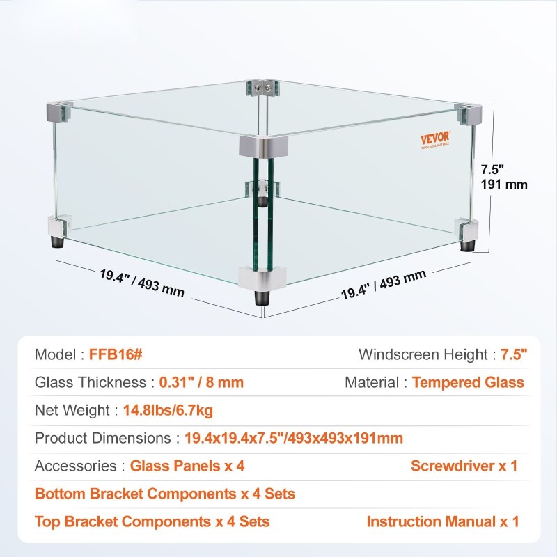 Tulipöydän tuulensuoja neliö karkaistu lasi 8 mm 493x493x191 mm