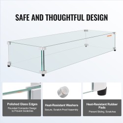 Lasinen tuulisuoja karkaistusta kahdeksan millimetriä lasista suorakaiteen tulipöydälle alumiinikulmat kumijalat