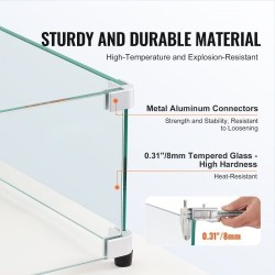 Neliömallinen lasinen tuulensuoja tulipöydälle karkaistu 8 mm 543x543x191 mm alumiinikiinnikkeillä