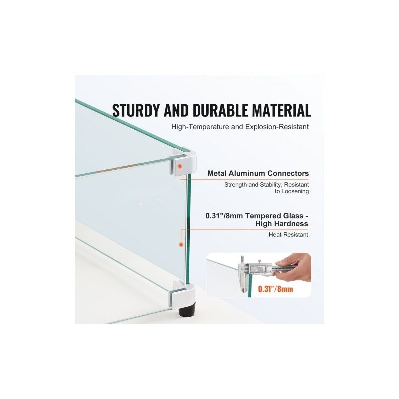 Neliömallinen lasinen tuulensuoja tulipöydälle karkaistu 8 mm 543x543x191 mm alumiinikiinnikkeillä