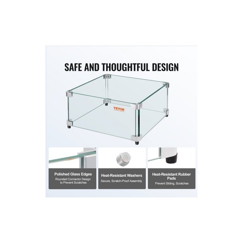 Neliömallinen lasinen tuulensuoja tulipöydälle karkaistu 8 mm 543x543x191 mm alumiinikiinnikkeillä