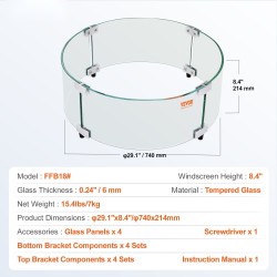Tulisijan tuulensuoja karkaistusta lasista 6 mm alumiinikehyksellä Ø740×214 mm