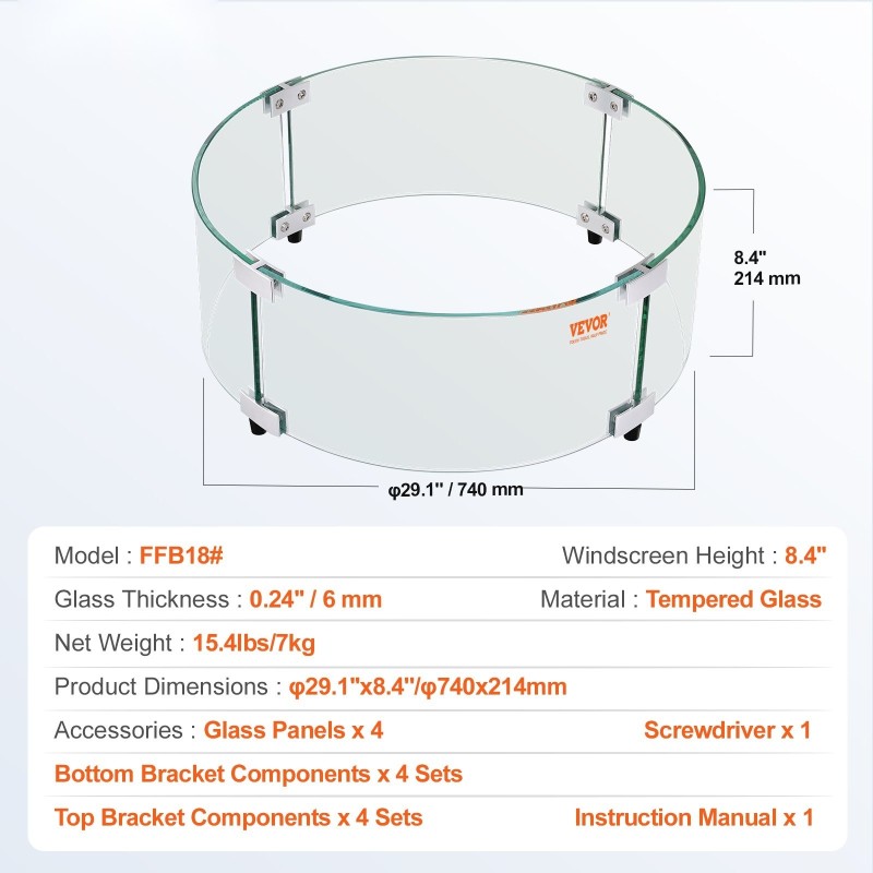 Tulisijan tuulensuoja karkaistusta lasista 6 mm alumiinikehyksellä Ø740×214 mm
