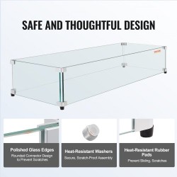 Tuulensuoja tulipöydälle karkaistua lasia 8 mm mitat 748×340×165 mm alumiinikulmat kumijalat