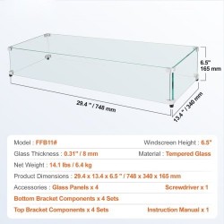 Tuulensuoja tulipöydälle karkaistua lasia 8 mm mitat 748×340×165 mm alumiinikulmat kumijalat