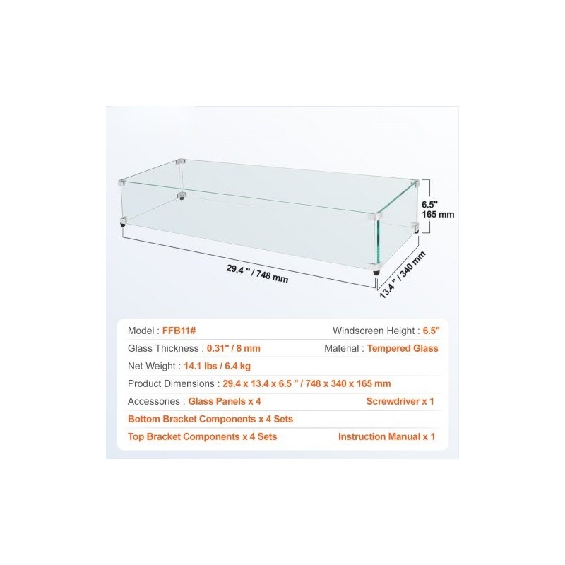Tuulensuoja tulipöydälle karkaistua lasia 8 mm mitat 748×340×165 mm alumiinikulmat kumijalat