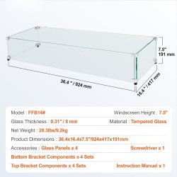 Tuulensuoja tulipöydälle 8 mm karkaistu lasi 924x417x191 mm alumiiniset kulmapalat