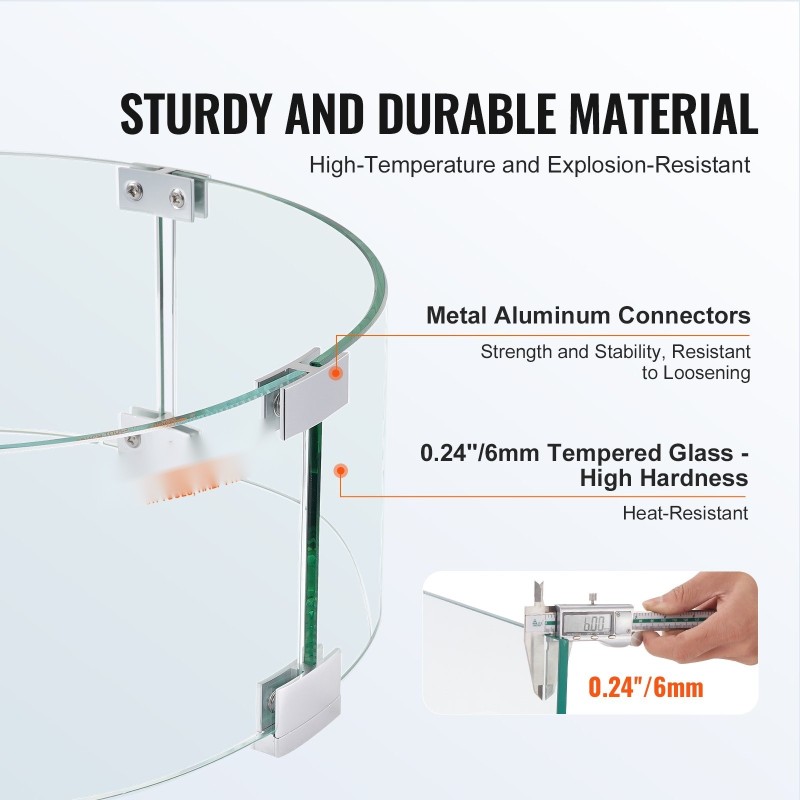 Tulisijan tuulensuoja pyöreä karkaistu lasi alumiinirunko halkaisija 435 mm paksuus 6 mm