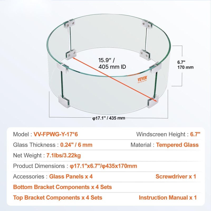 Tulisijan tuulensuoja pyöreä karkaistu lasi alumiinirunko halkaisija 435 mm paksuus 6 mm