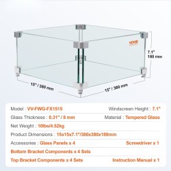 Lasinen tuulensuoja neliönmuotoiselle tulipöydälle 8 mm paksua karkaistua lasia 380×380×180 mm alumiinikulmilla