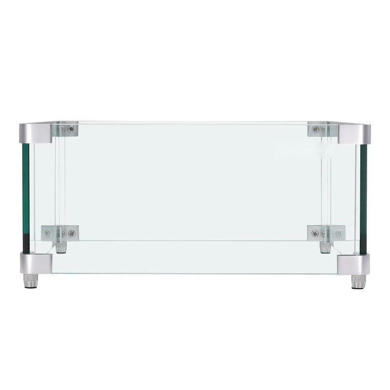 Lasinen tuulensuoja neliönmuotoiselle tulipöydälle 8 mm paksua karkaistua lasia 380×380×180 mm alumiinikulmilla