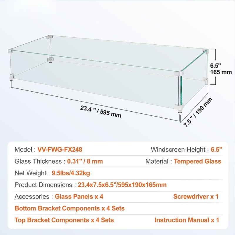 Tuulisuoja karkaistusta lasista 8 mm paksu 748x340x165 mm neliötulipöydälle