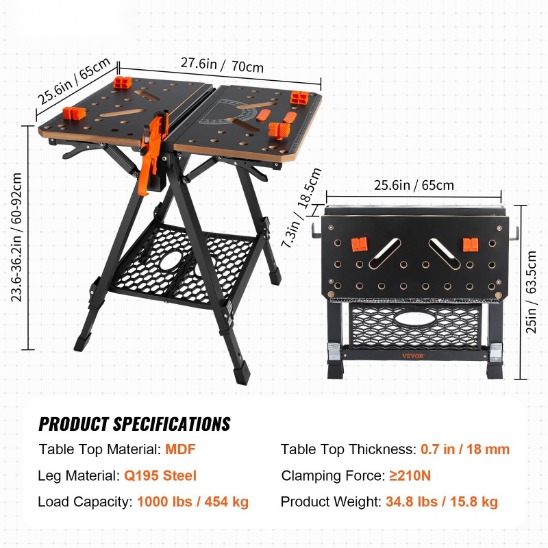 Taitettava säädettävä työpöytä ja sahatukki MDF-kansi 70x65 cm 454 kg kantavuus