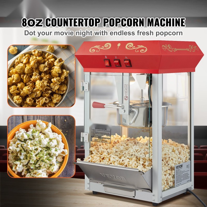 Pöytämallinen popcorn-kone 850 wattia 8 unssin kattila 48 kupillista karkaistu lasi punainen