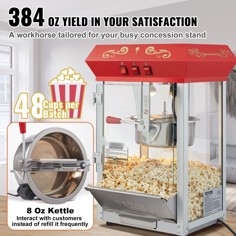 Pöytämallinen popcorn-kone 850 wattia 8 unssin kattila 48 kupillista karkaistu lasi punainen
