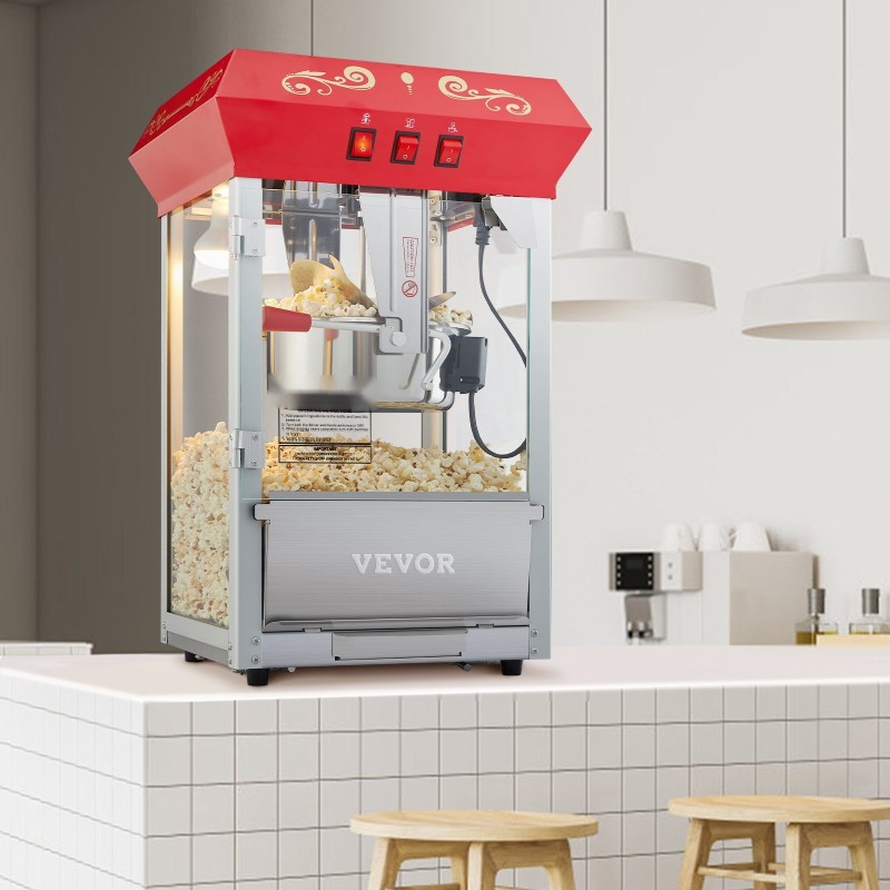 Pöytämallinen popcorn-kone 850 wattia 8 unssin kattila 48 kupillista karkaistu lasi punainen