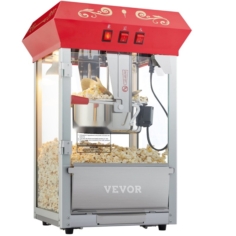 Pöytämallinen popcorn-kone 850 wattia 8 unssin kattila 48 kupillista karkaistu lasi punainen