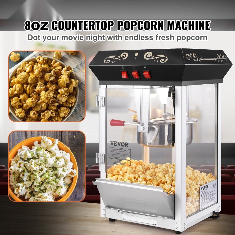 Pöytämallinen popcornkone 850 watin teho 8 unssin kattila 48 kupillista erässä musta