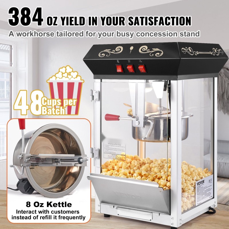 Pöytämallinen popcornkone 850 watin teho 8 unssin kattila 48 kupillista erässä musta