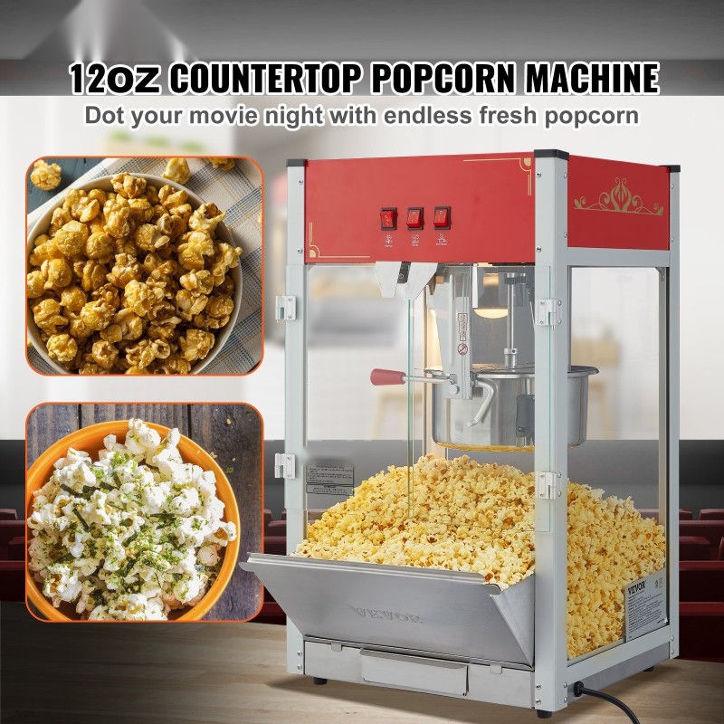 Popcornkone pöytämalli 1440 watin 12 unssin kattila jopa 80 kuppia karkaistu lasi