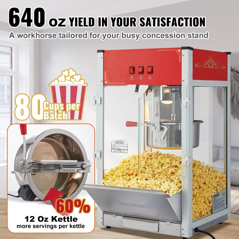 Popcornkone pöytämalli 1440 watin 12 unssin kattila jopa 80 kuppia karkaistu lasi