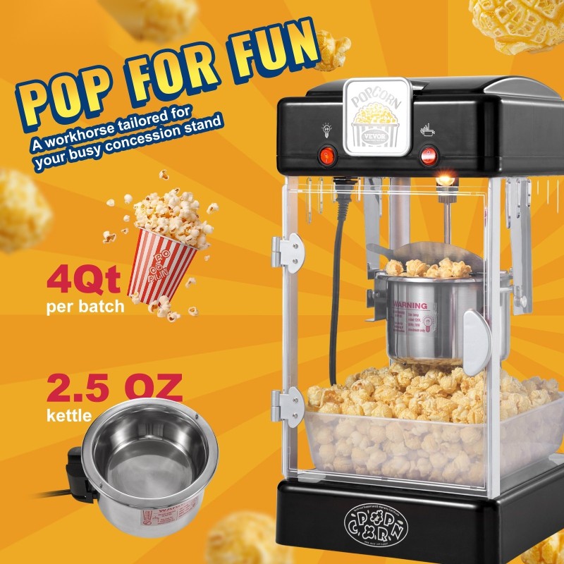 Pöytämallinen popcorn-kone 300 wattia 2,5 unssin kattila musta sisävalolla