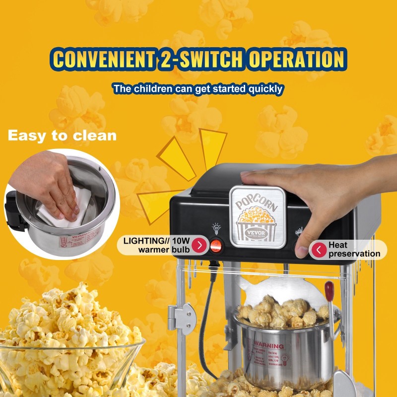 Pöytämallinen popcorn-kone 300 wattia 2,5 unssin kattila musta sisävalolla