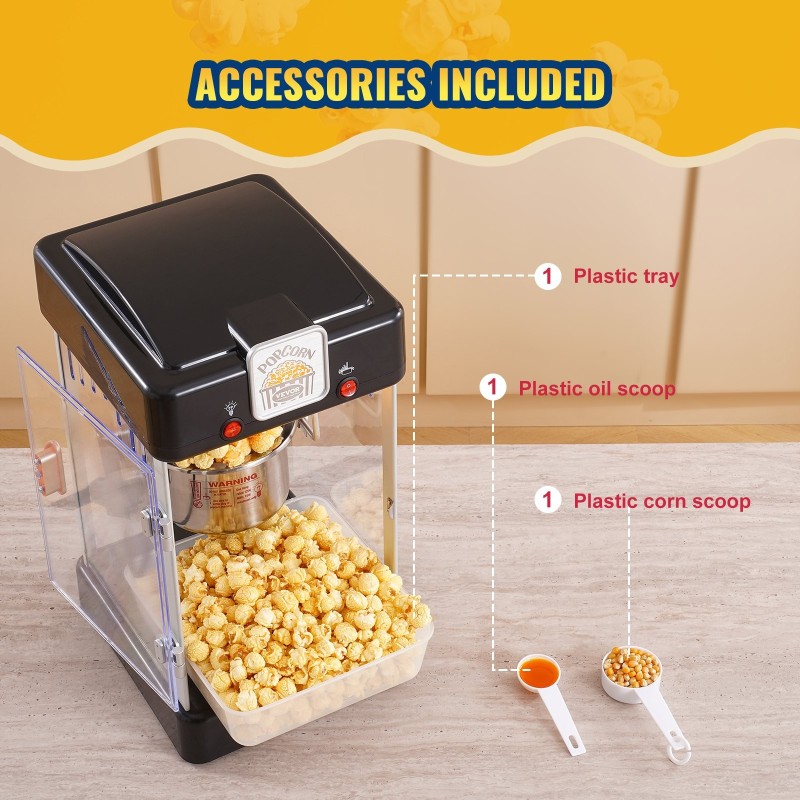Pöytämallinen popcorn-kone 300 wattia 2,5 unssin kattila musta sisävalolla