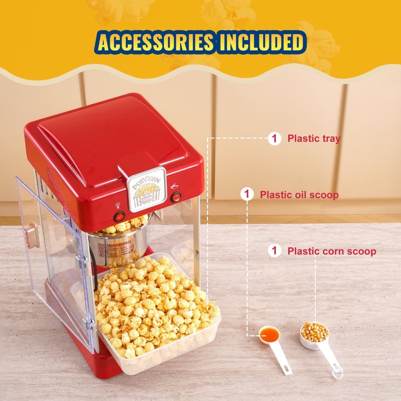 Popcorn-kone pöytämalli 300W 2,5 unssin kattila punainen polypropeeniovi kaksi kauhaa tarjotin